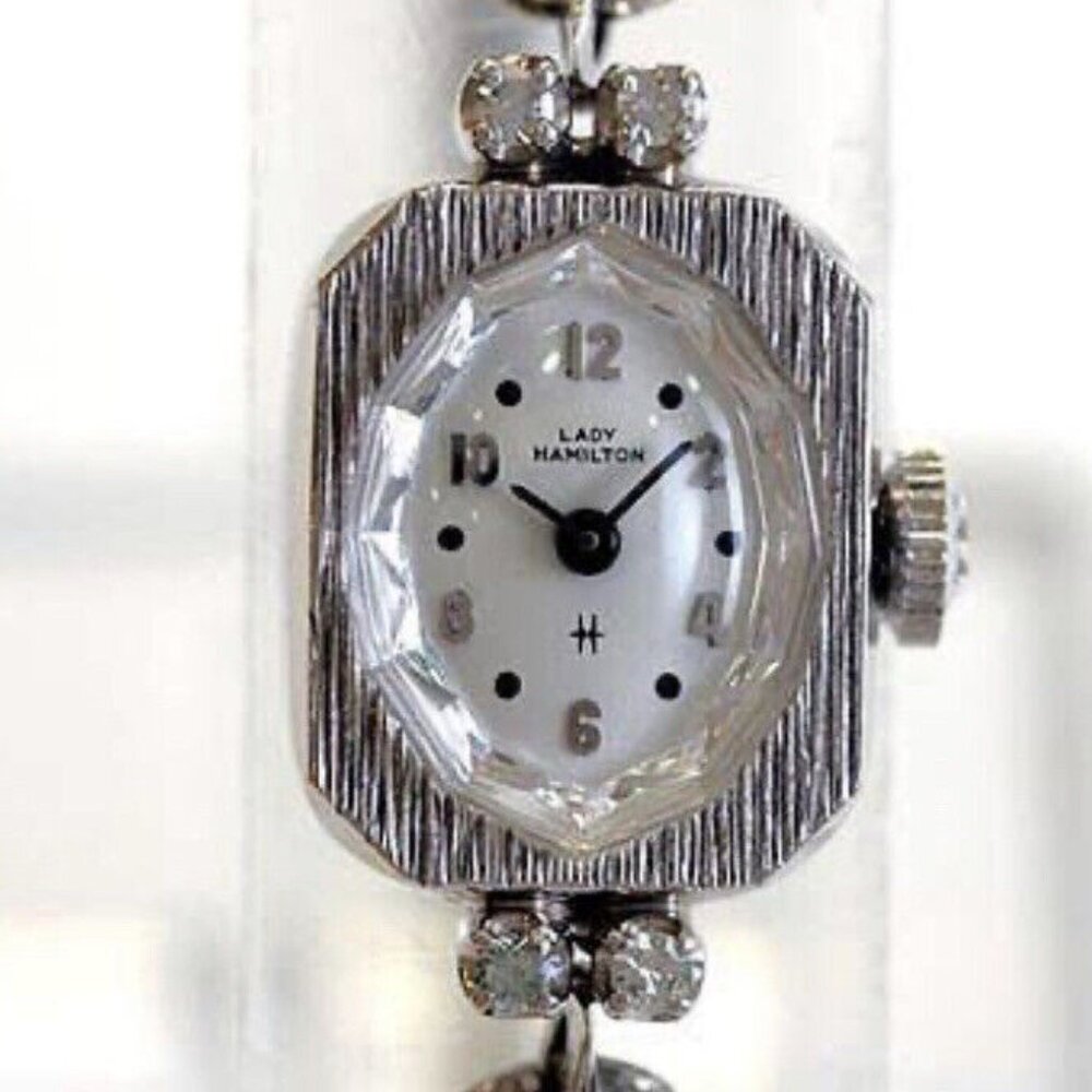 Vtg Lady Hamilton White 14K Gold & Diamond Watch